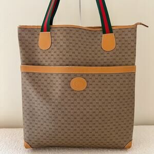 GUCCI Micro GG Sherry Line Canvas and Leather Tote